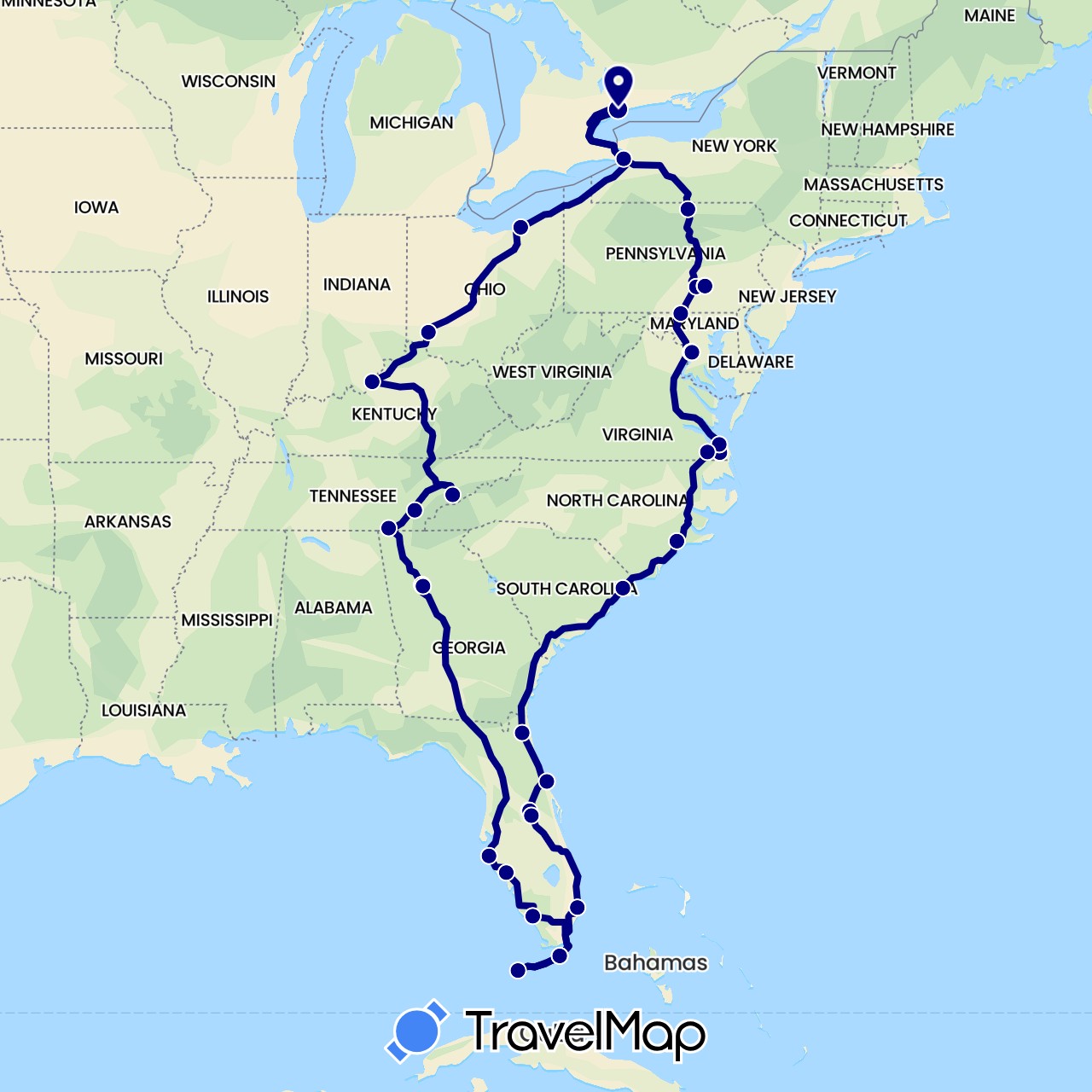 TravelMap itinerary: driving in Canada, United States (North America)
